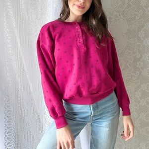 Vintage Pink Henley Sweatshirt 90s Crewneck Geometric Print Oversized Pullover